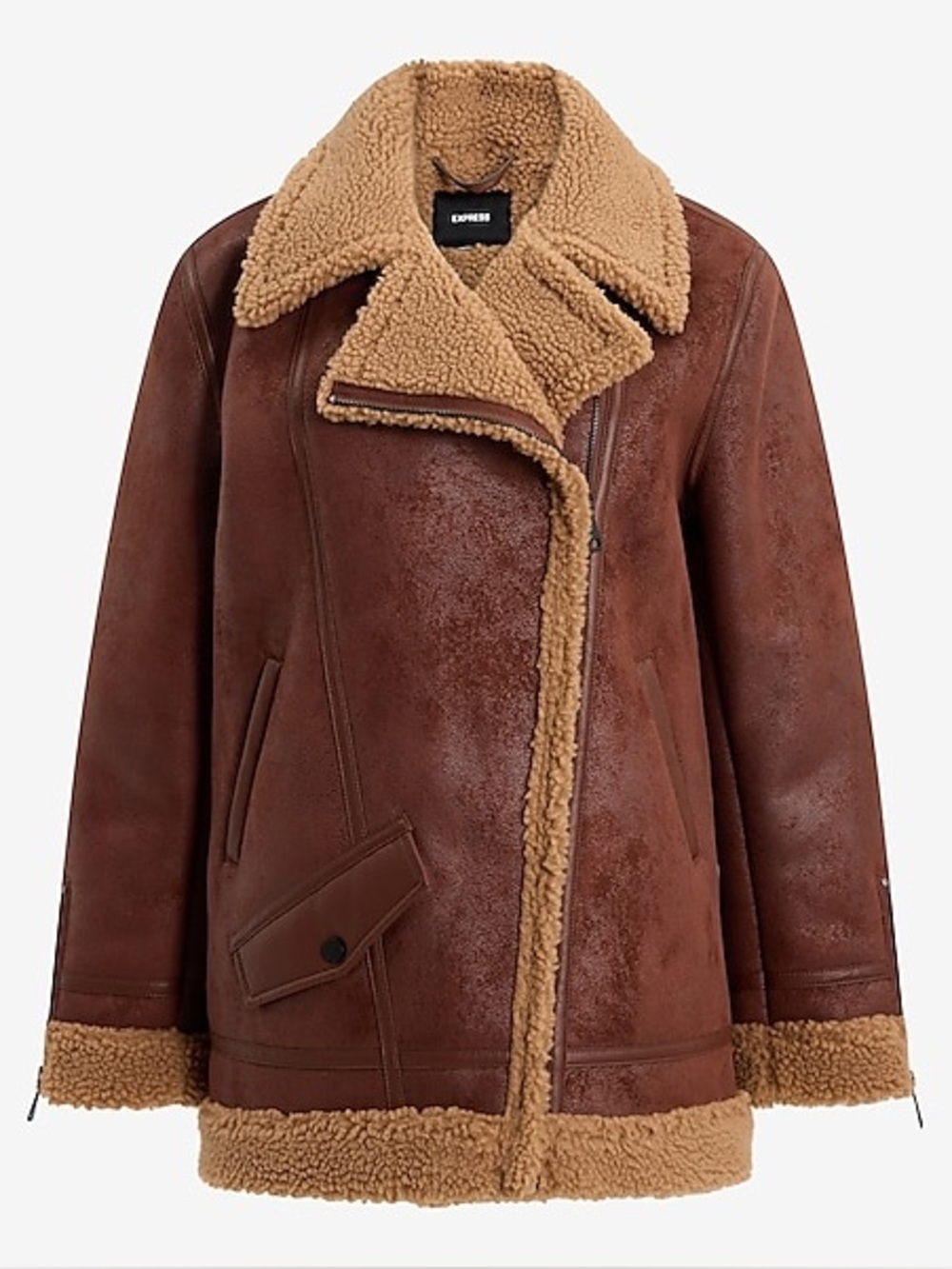 Express Brown Faux-Shearling Teddy Aviator Jacket